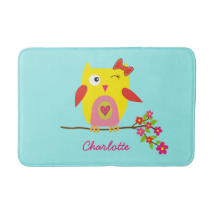 Cute Owl Yellow Pink Illustration Customizable Bath Mat