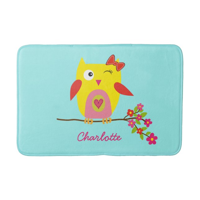 Cute Owl Yellow Pink Illustration Customizable Bath Mat (Front)
