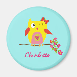 Cute Owl Yellow Pink Illustration Customizable Magnet