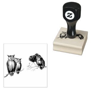 Cute Owls and Camera on Branches Birds Rubber Stamp