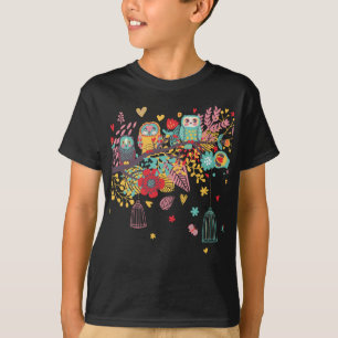 Cute Owls and colourful floral image background T-Shirt