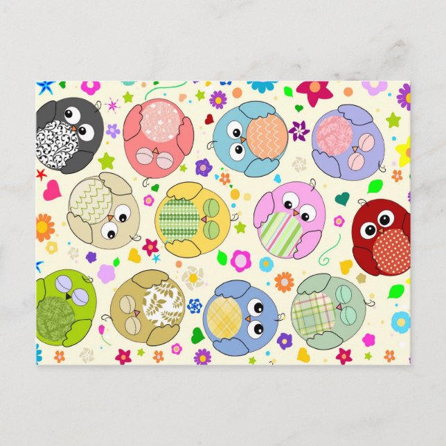 Cute Owls and Flowers pattern - cream Postcard (Front)