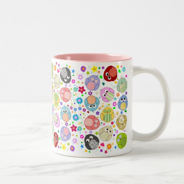 Cute Owls and Flowers pattern Two-Tone Coffee Mug (Right)