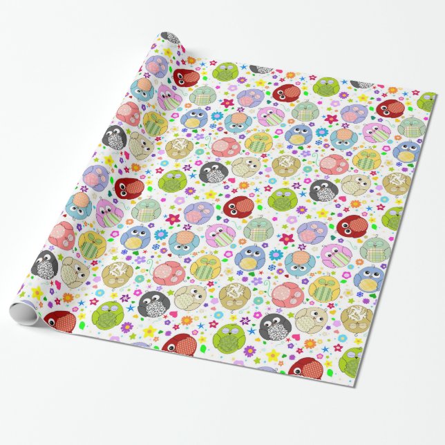 Cute Owls and Flowers pattern Wrapping Paper (Unrolled)