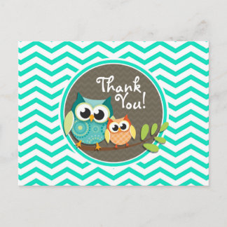 Cute Owls; Aqua Green Chevron Postcard