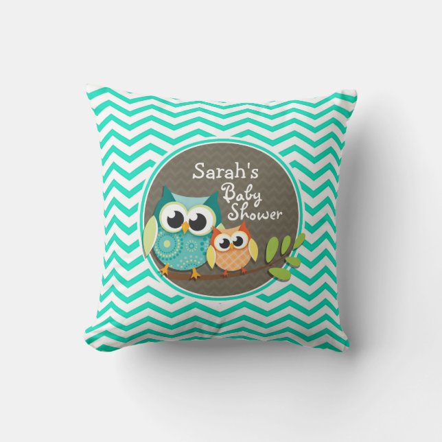 Cute Owls; Aqua Green Chevron Throw Pillow (Front)