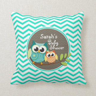 Cute Owls; Aqua Green Chevron Throw Pillow
