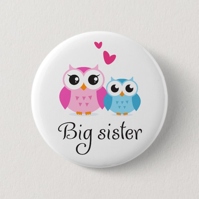 Cute owls big sister little brother cartoon 2 inch round button (Front)