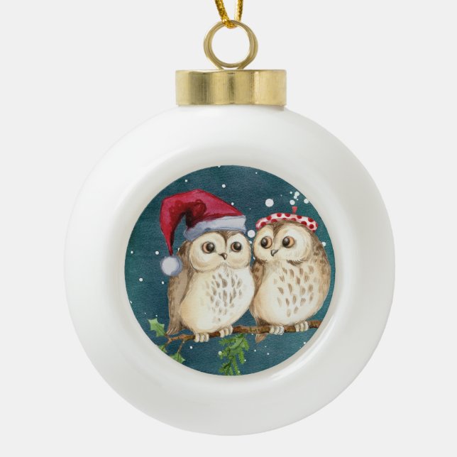 Cute Owls Ceramic Ball Christmas Ornament (Front)