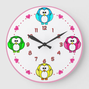 cute owls clock neon blue, pink, green ,yellow
