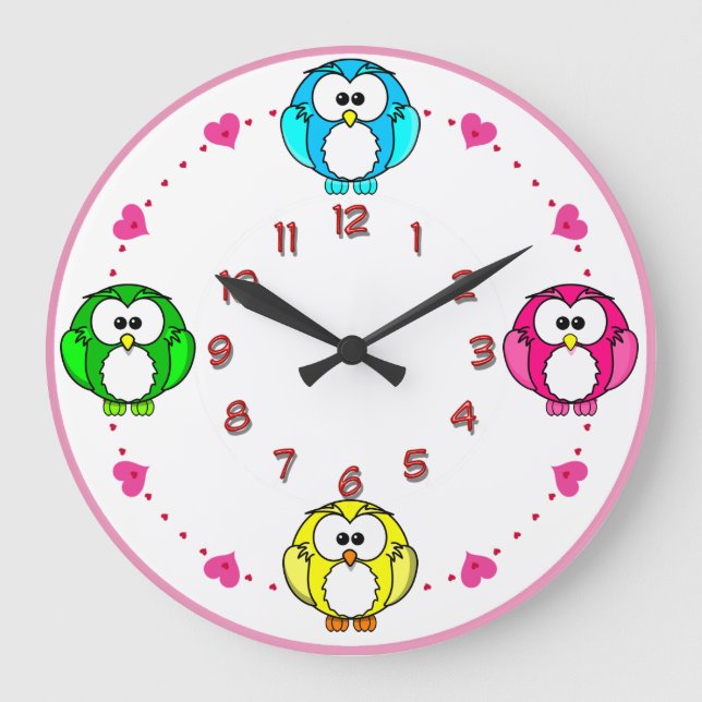 cute owls clock neon blue, pink, green ,yellow (Front)