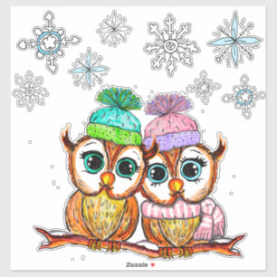 Cute  Owls Couple and Snowflakes