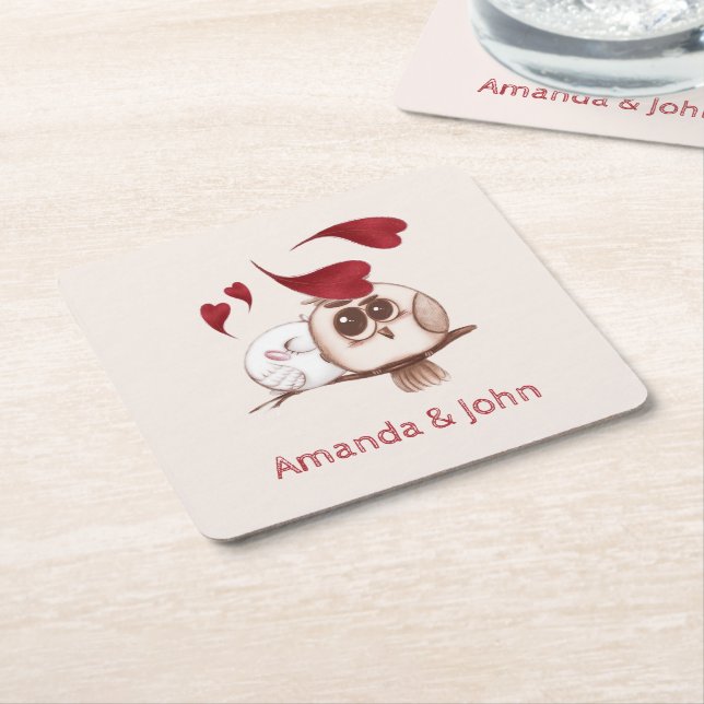 Cute Owls Couple Names Personalized Paper Coaster (Angled)