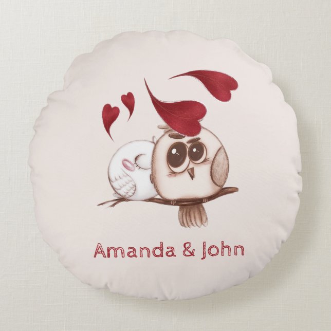 Cute Owls Couple Names Personalized Round Pillow (Front)