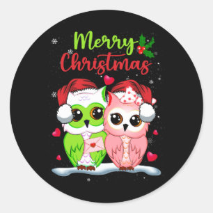 Cute Owls Couple Santa Merry Christmas Xmas Owl Ho Classic Round Sticker