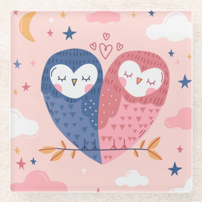 Cute Owls Glass Coaster (Front)