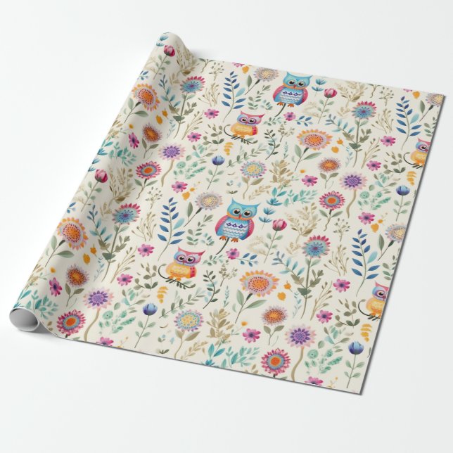 Cute Owls in  Florals Wrapping Paper (Unrolled)
