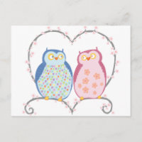 Cute Owls in Love Heart Pink Blue Clipart