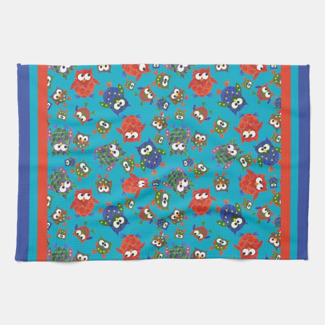 Cute Owls Kitchen Towel, Red, Blue, Green Kitchen Towel (Horizontal)