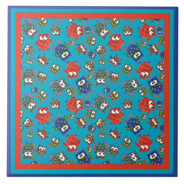 Cute Owls Large Ceramic Tile, Turquoise Blue Tile (Front)