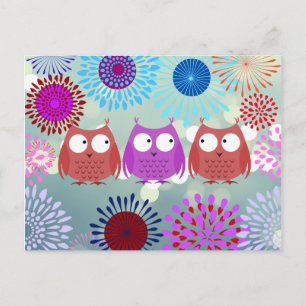 Cute Owls Looking at Each Other Flower Design Postcard