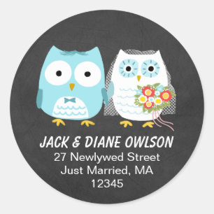 Cute Owls Newlywed Couple   Modern Return Address Classic Round Sticker