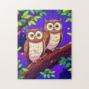 Cute Owls on a Branch at Night Jigsaw Puzzle