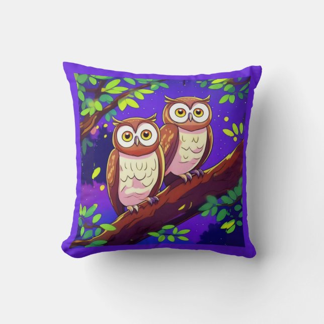 Cute Owls on a Branch at Night Throw Pillow (Front)