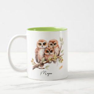 Cute Owls on a Tree Branch Two-Tone Coffee Mug