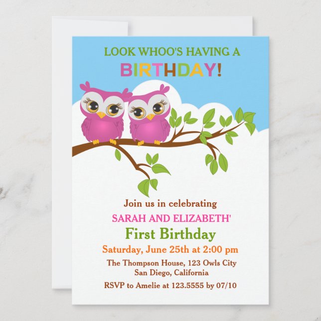 Cute Owls on Branch Twins Birthday Party Invite (Front)