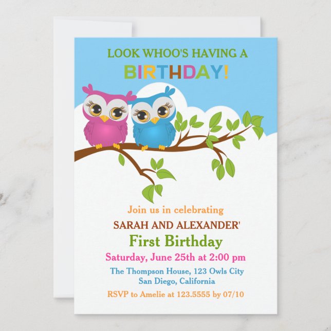 Cute Owls on Branch Twins Birthday Party Invite (Front)