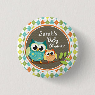 Cute Owls on Colourful Argyle; Baby Shower 1 Inch Round Button
