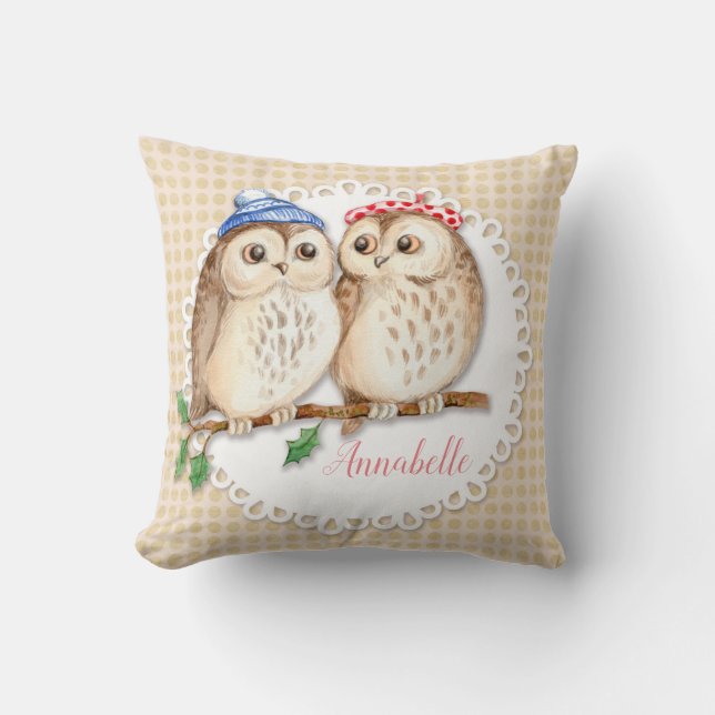 Cute owls on the branch. Personalized Throw Pillow (Front)