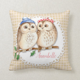 Cute owls on the branch. Personalized Throw Pillow