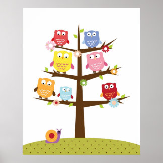 Cute owls on tree illustration poster
