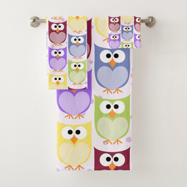 Cute Owls, Owl Pattern, Baby Owls, Colourful Owls Bath Towel Set (Insitu)