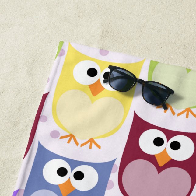 Cute Owls, Owl Pattern, Baby Owls, Colourful Owls Beach Towel (In Situ)