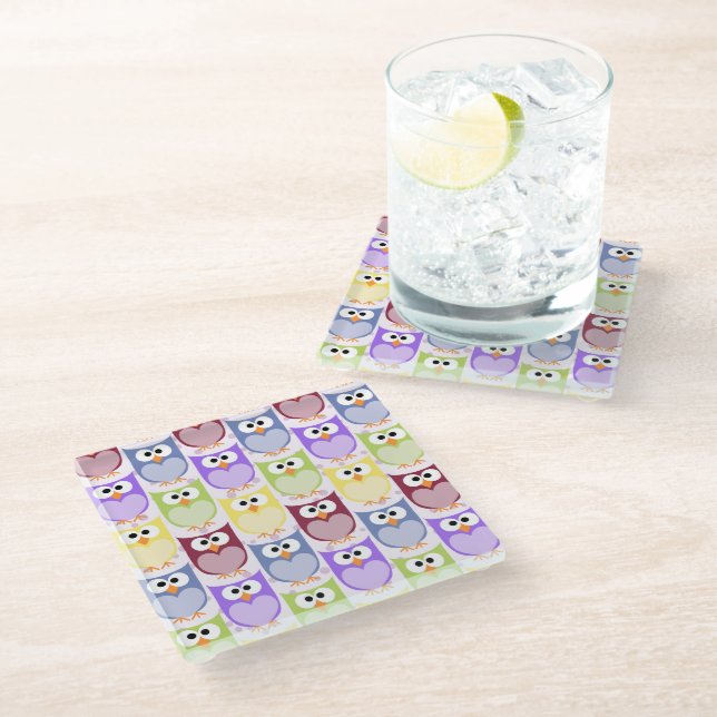Cute Owls, Owl Pattern, Baby Owls, Colourful Owls Glass Coaster (Angled)