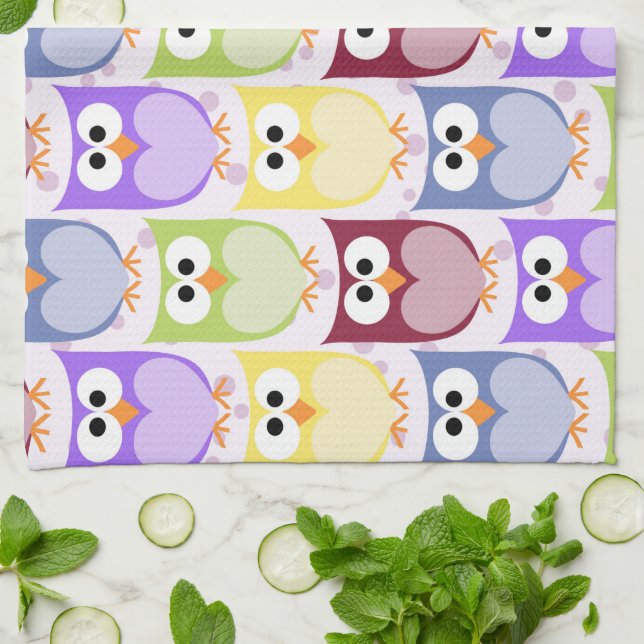 Cute Owls, Owl Pattern, Baby Owls, Colourful Owls Kitchen Towel (Folded)
