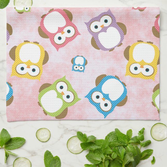 Cute Owls, Owl Pattern, Colourful Owls, Baby Owls Kitchen Towel (Folded)