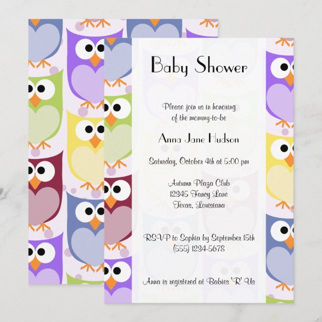 Cute Owls, Owl Pattern, Colourful Owls, Baby Showe Invitation (Front/Back)