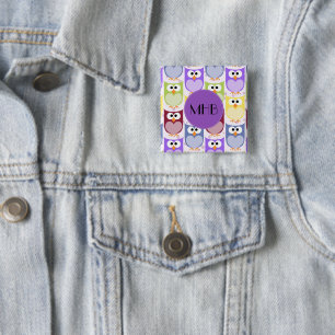 Cute Owls, Owl Pattern, Colourful Owls, Monogram 2 Inch Square Button