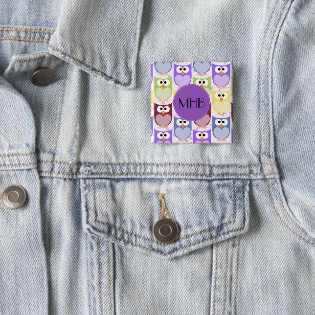 Cute Owls, Owl Pattern, Colourful Owls, Monogram 2 Inch Square Button (In Situ)