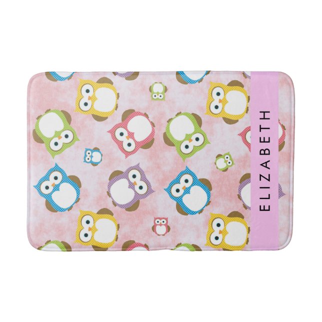 Cute Owls, Owl Pattern, Colourful Owls, Your Name Bath Mat (Front)
