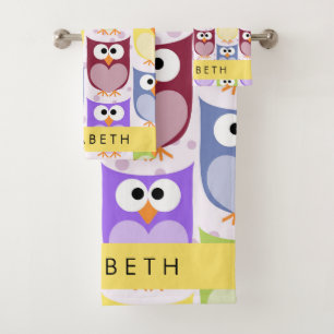Cute Owls, Owl Pattern, Colourful Owls, Your Name Bath Towel Set