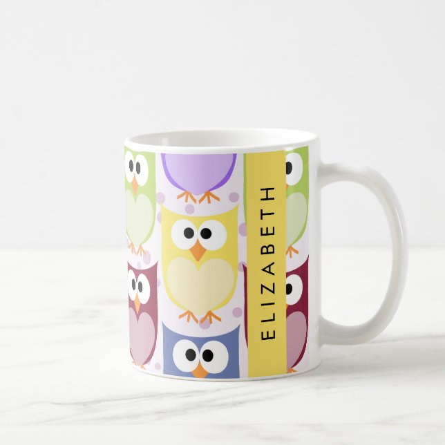 Cute Owls, Owl Pattern, Colourful Owls, Your Name Coffee Mug (Right)