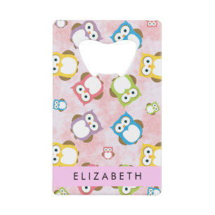 Cute Owls, Owl Pattern, Colourful Owls, Your Name Credit Card Bottle Opener