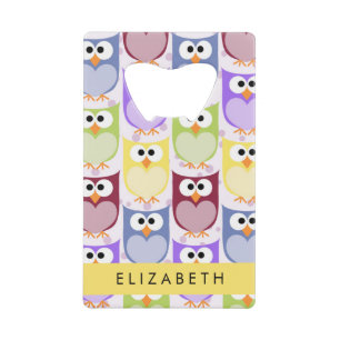 Cute Owls, Owl Pattern, Colourful Owls, Your Name Credit Card Bottle Opener