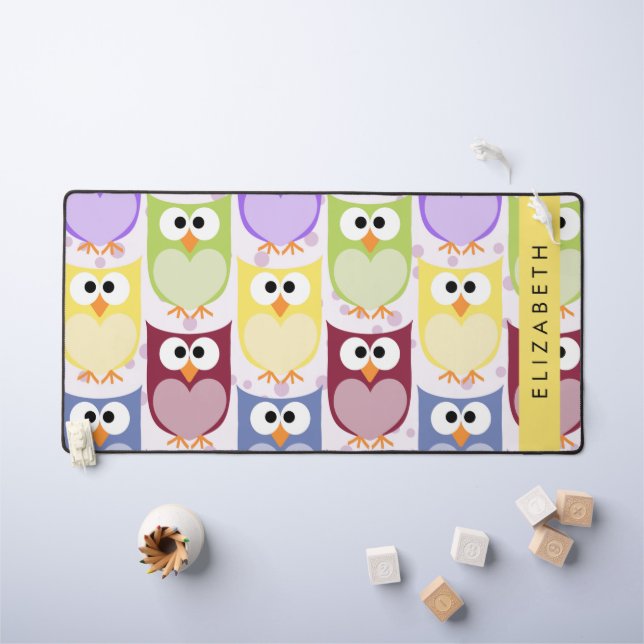 Cute Owls, Owl Pattern, Colourful Owls, Your Name Desk Mat (Kids Table)