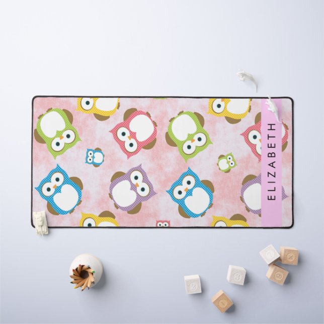 Cute Owls, Owl Pattern, Colourful Owls, Your Name Desk Mat (Kids Table)